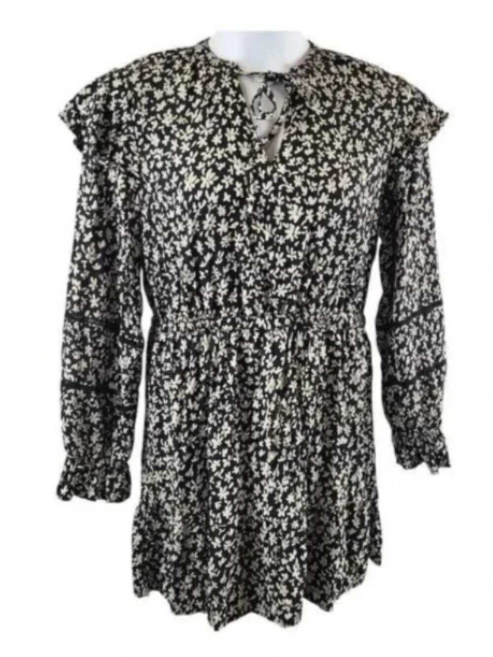 The Drop Large White Black Floral Print Mini Dress 100% Viscose Peplum Hem BOHO - Picture 2 of 13